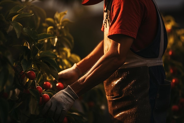 Persona recogiendo manzanas con una herramienta de recolección de manzanas