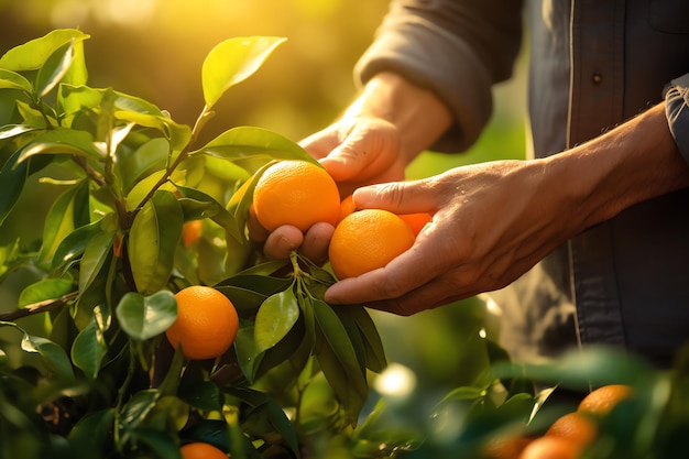 Foto una persona recogiendo naranjas de un árbol