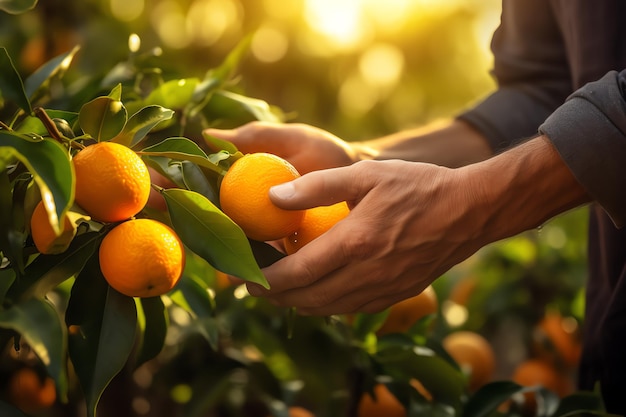 Foto una persona recogiendo naranjas de un árbol