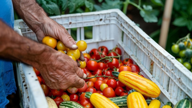 Persona recogiendo tomates rojos maduros y pepinos verdes de una caja de madera en un jardín