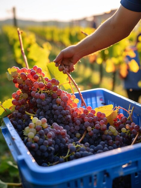 una persona recogiendo uvas de una caja azul