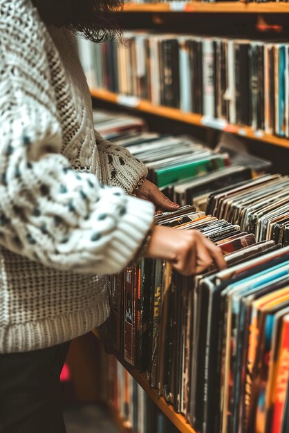 Foto una persona recorre una colección de discos de vinilo para seleccionar el álbum perfecto