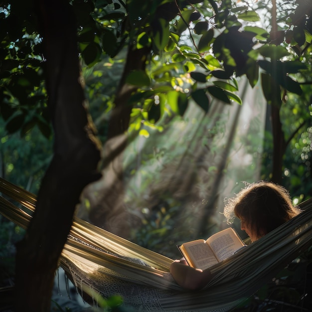 Foto persona relajada en una hamaca leyendo un libro a la sombra de los árboles
