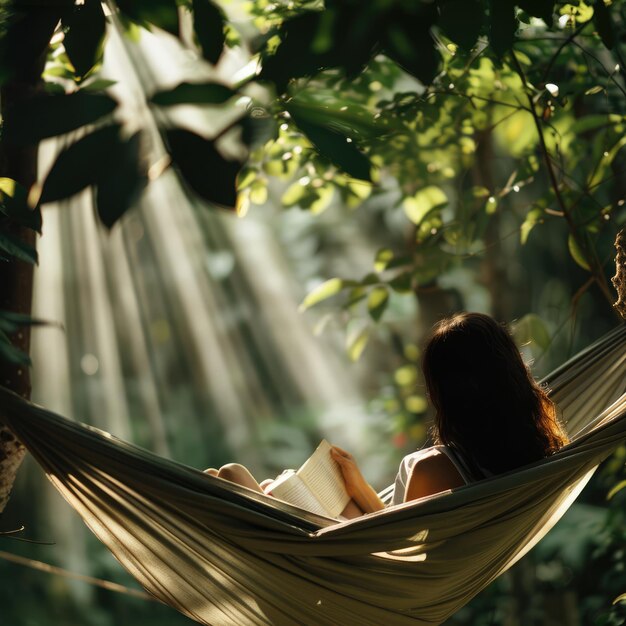 Persona relajada en una hamaca leyendo un libro a la sombra de los árboles