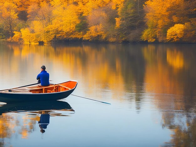 Persona remando en un lago tranquilo en otoño