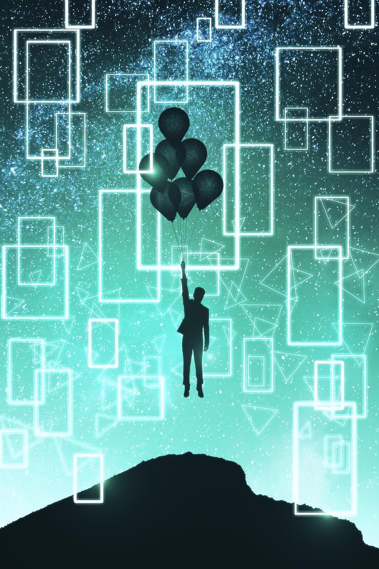 Foto persona retroiluminada con globos y patrón geométrico en la colina de pie sobre el hermoso fondo del espacio del cielo nocturno estrellado concepto de libertad y enfoque