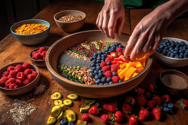 Una persona reuniendo un arco iris de frutas en un cuenco