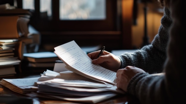 Persona revisando documentos en un escritorio rodeada de libros y papeles en una habitación bien iluminada