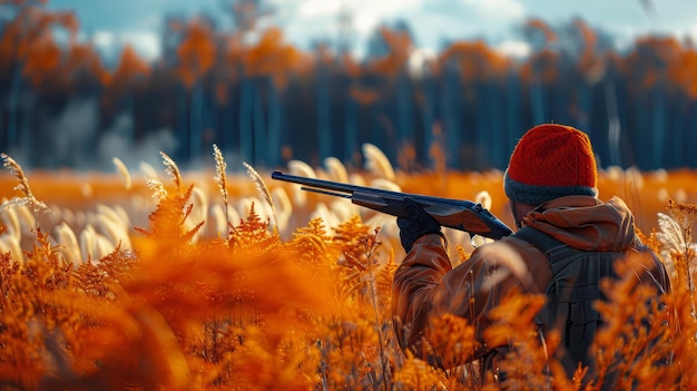 Persona con un rifle en un campo de hierba alta