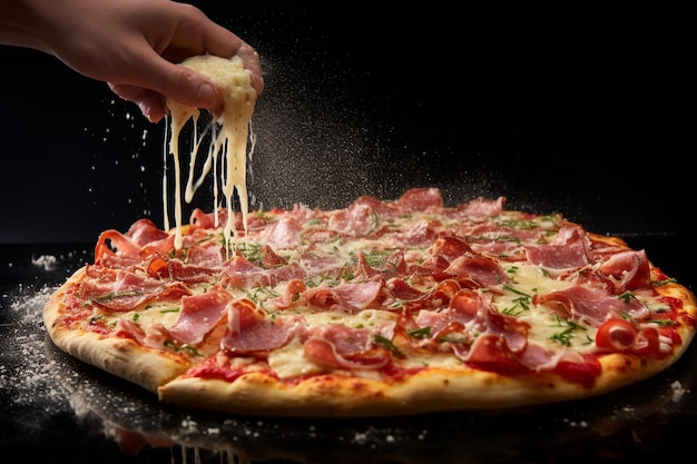 Una persona rociando queso parmesano rallado en una pizza de carne