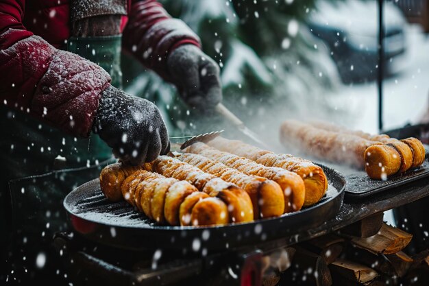 Una persona con ropa de invierno cocinaba pasteles tradicionales checos en forma de trdlo y trdelnik en el