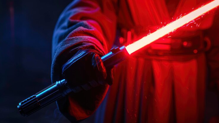 Foto persona con un sable de luz invocando un tema de fantasía científica