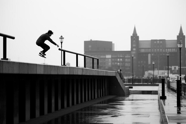 Foto una persona saltando una barandilla con una patineta en el agua