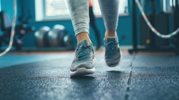 Una persona saltando la cuerda en un gimnasio mostrando ejercicio cardiovascular