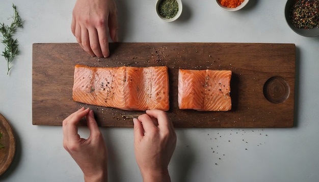 Foto una persona sazonando un filete de salmón idea de receta de fotografía de comida