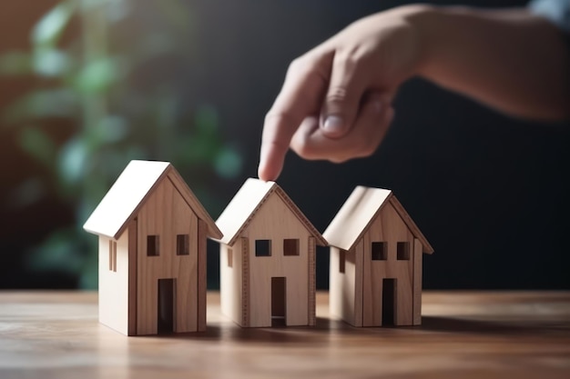 Una persona señalando una casa de madera con un dedo apuntándola.