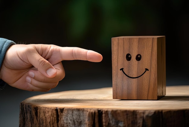 persona señalando una pieza de madera con una cara sonriente en el estilo de retrato emocional