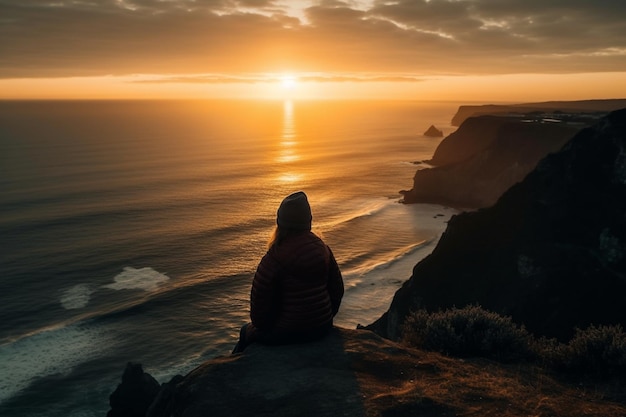 Una persona sentada en un acantilado viendo la puesta de sol.