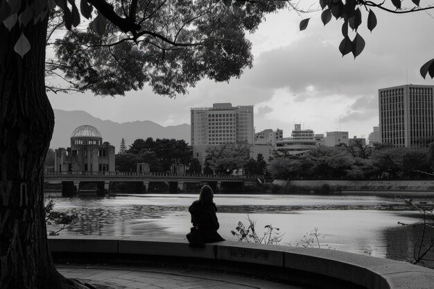 Una persona sentada en un banco cerca de un lago