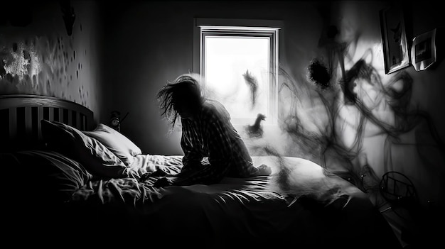 Una persona sentada en una cama con una ventana detrás que tiene un rastro de humo detrás de ellos.