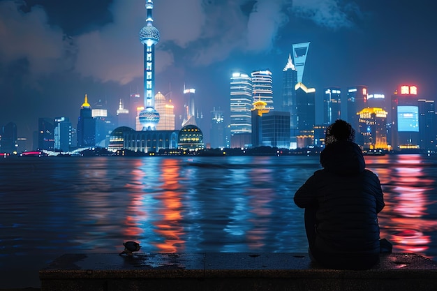 Una persona sentada en una cornisa mirando a la ciudad
