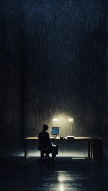 Foto persona sentada en un escritorio en una habitación oscura