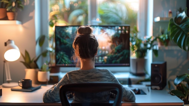 Persona sentada en un escritorio limpio y organizado con los ojos fijos en el monitor mientras trabajan