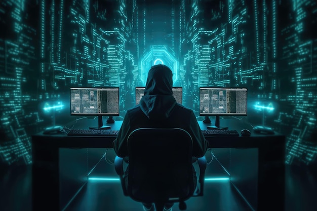 Una persona sentada frente a una computadora con un fondo azul que dice "cyberpunk"