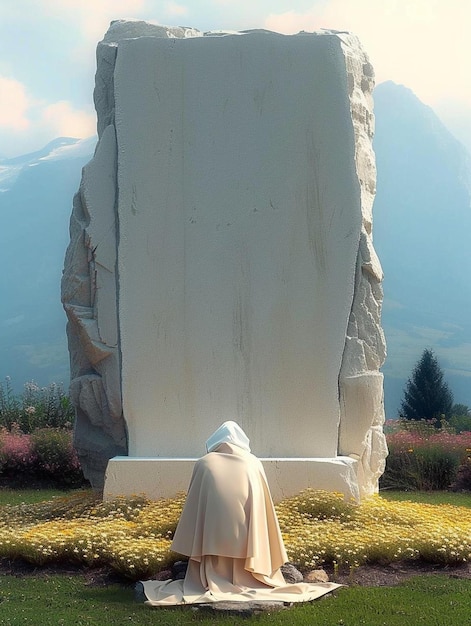 una persona sentada en una manta frente a un monumento