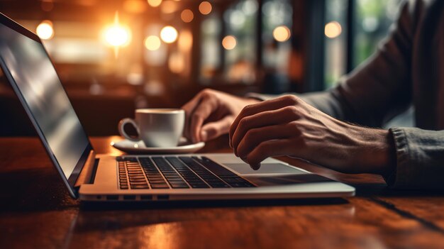 Una persona sentada en una mesa con una computadora portátil y una taza de café.