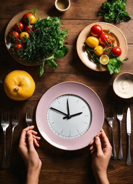 Foto una persona está sentada en una mesa con un reloj y un cuenco de frutas y verduras