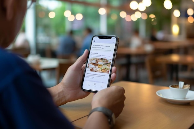 Foto una persona sentada en una mesa con un teléfono celular en la mano