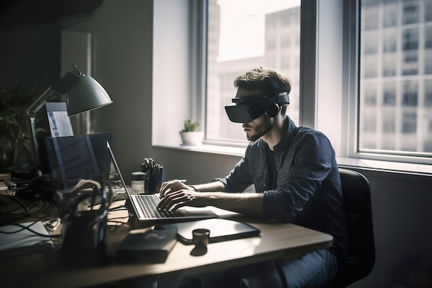 Una persona sentada en la oficina y usando gafas VR