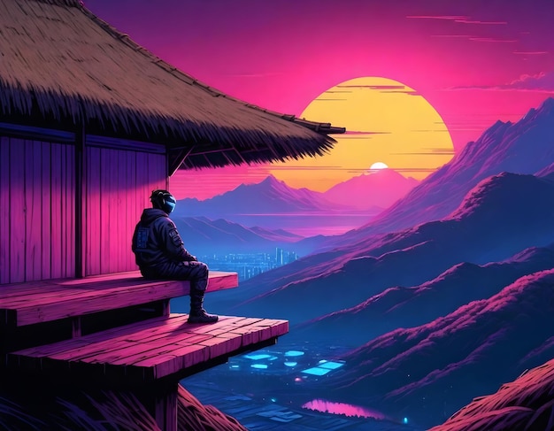 Persona sentada en un piso de madera frente a un paisaje montañoso durante la puesta de sol