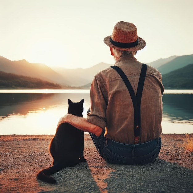 persona sentada en la playa al atardecer con el gato