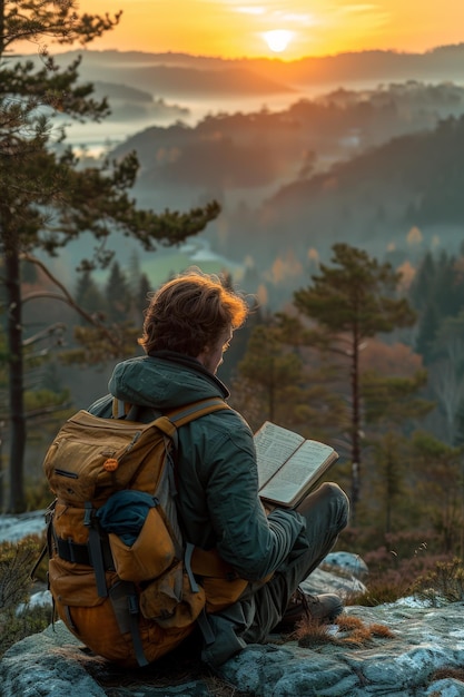 Persona sentada en una roca leyendo un libro