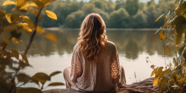 una persona sentada en una roca mirando un lago