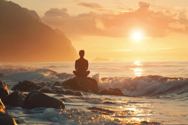 Persona sentada en una roca en el océano