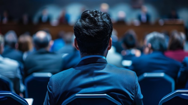 Una persona sentada en una sala de conferencias escuchando a los presentadores en el escenario rodeada de otros asistentes