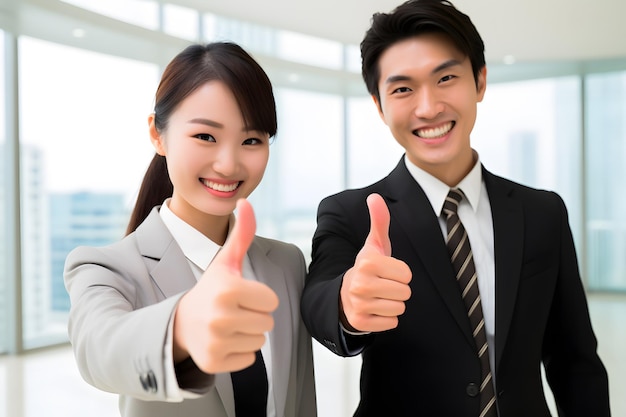 persona de servicio al cliente masculina y femenina dando un pulgar hacia arriba y sonriendo