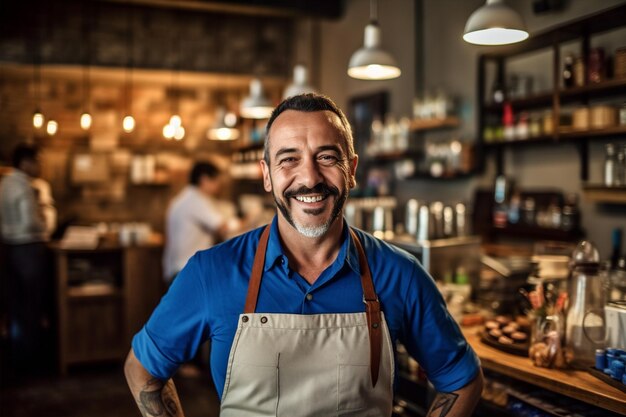 Foto persona de servicio camarero propietario del delantal barista ocupación de negocios retrato bar ia generativa