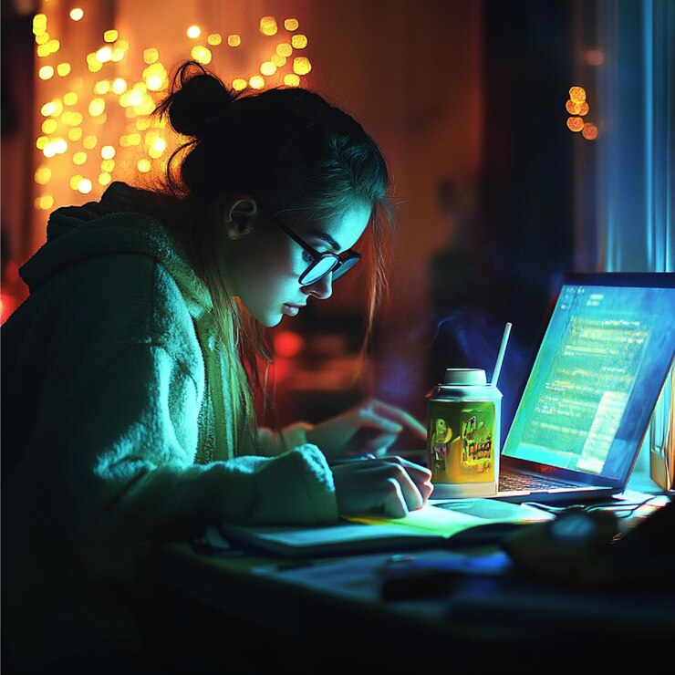 Foto una persona en una sesión de estudio nocturna con una bebida energética a su lado