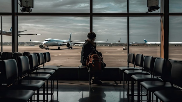 Una persona se sienta en una ventana en un aeropuerto mirando un avión en un día nublado.