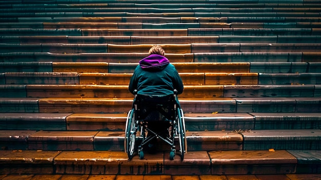 Foto una persona en silla de ruedas contempla el desafío de la accesibilidad de las escaleras