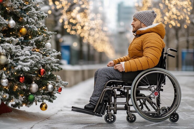 Persona en silla de ruedas disfrutando de decoraciones de invierno cerca de un árbol de Navidad IA generativa