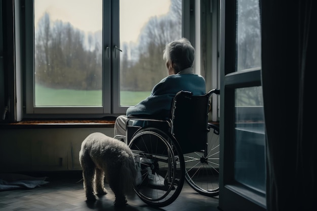 Una persona en una silla de ruedas mirando por la ventana a un perro IA generativa