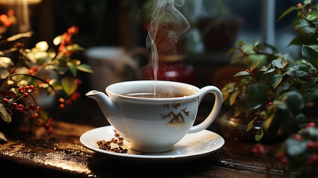 una persona sirviendo café negro de una tetera de cerámica blanca en una taza de café