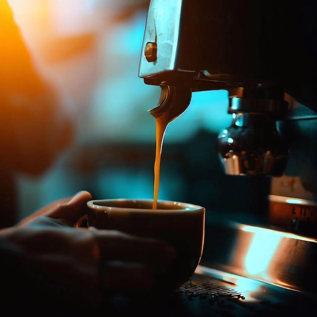 Una persona sirviendo café en una taza con la palabra café.