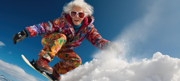 persona con snowboard en las montañas abuela snowboarder