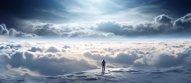 Una persona sola mirando al cielo un hombre solitario de pie en un paisaje de fantasía con un cielo nublado brillante